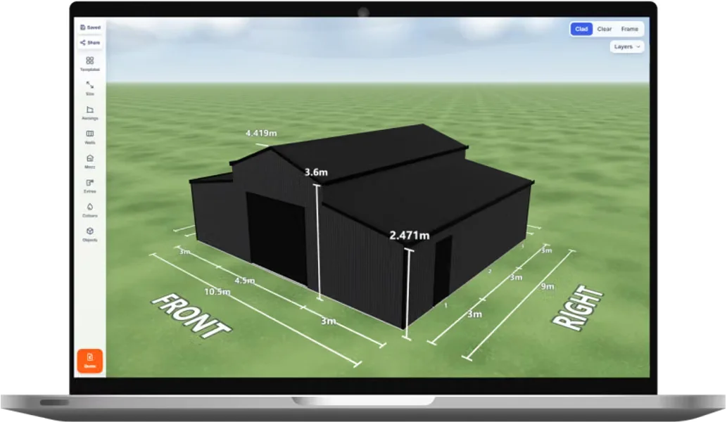 Laptop showing the True Blue Sheds design app